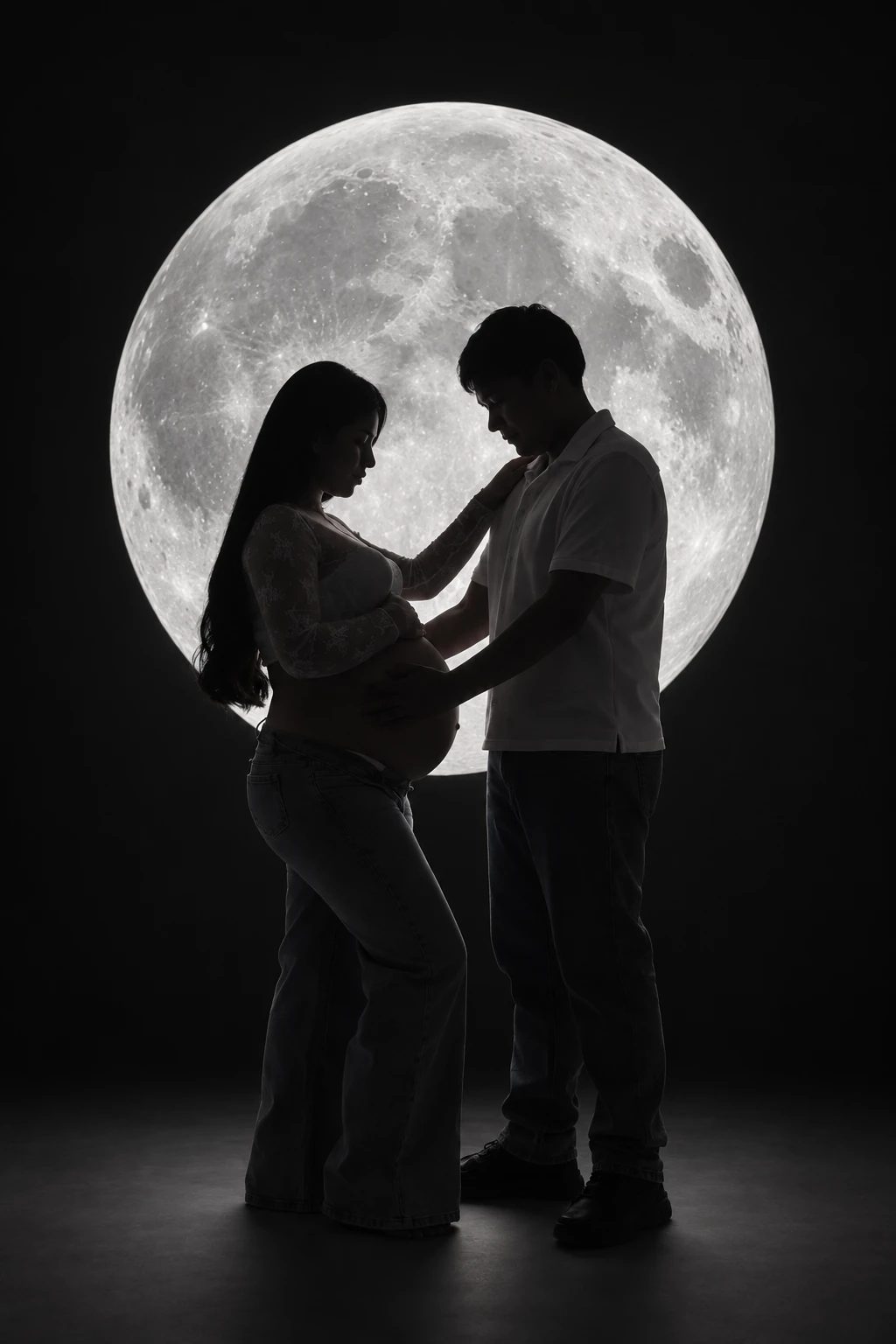 Silueta de Estela y Juan Carlos bajo la luna
